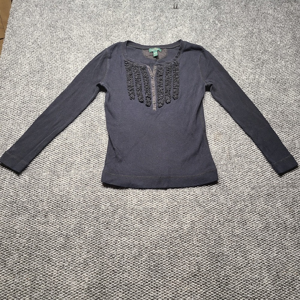 Lauren Ralph Lauren Henley Top Women Medium Black Waffle Knit Ruffle Neck Detail